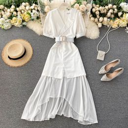 Women Irregular Ruffles Dress Fashion Splice Elegant Slim Sexy A-line Party Dress Summer French Casual Vacation Dress 210419