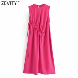 Zevity Women Fashion O Neck Sleeveless Solid Casual Pleated Dress Female Chic Lace Up Vest Vestido Summer Chiffon Dresses DS8504 210603