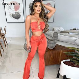 Beyprern Casual Halter Neck Crop Top And Wide Leg Pant Set Two Piece Outfits Summer Hollow Out Matching Pant Set Party Club Wear Y0625