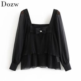 Chic Square Collar Chiffon Pleated Blouse Women Transparent Long Sleeve Bow Decorate Top Ladies Elegant Black Shirt 210414