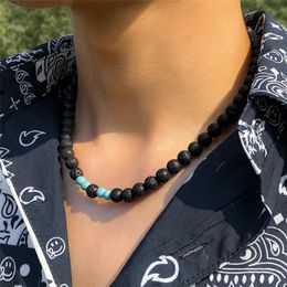 Chains Classic Round Lava Turquoise Nature Stone Men's Necklace Adjustable Bead Choker Mens Jewellery