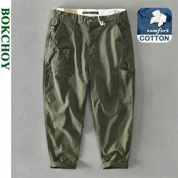 Outono e inverno homens de algodão cor sólida multi-bolso casual calças vintage z337 210715
