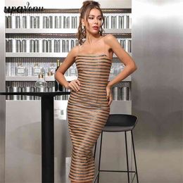 Free Spring Women Sleeveless Spaghetti Strap Midi Dress Elegant Striped Bodycon Club Party Vestido 210524