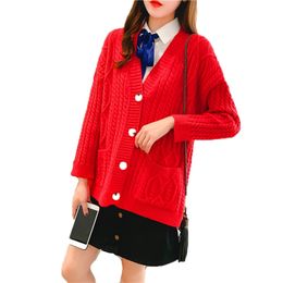 Women knitted sweater loose V neck top Cardigan autumn winter long sleeve korean red yellow khaki fashion LR589 210531