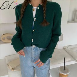 H.SA Sweater for Women V neck Long Sleeve Slim Solid Casual Single Breasted Twsited Knit Cardigans 210417