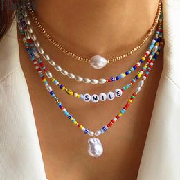 Chokers HangZhi 2021 Boho Resin Seeds Colourful Beads Baroque Pearl Pendant Letter Multi-layer Statement Necklace For Women Jewellery