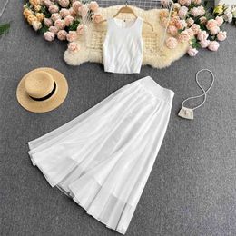 Women's Summer Wear Fashion Round Neck Sleeveless Short Tops + High Waist Mid Length Skirt Two Piece Sets S745 210527