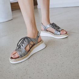 Summer Platform Sandals Open Toe Lace Up Shoes Metallic Silver Gold Leather Bohemian Beach Girl's Women