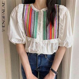 Colour Embroidery Blouse Women's Summer Round Neck Loose Single Breasted Puff Short Sleeve Shirt Female 5E38 210427