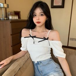 Women's T-Shirt -sleeved Slim Korean Style Women Summer Square Neck Bow Design Short-sleeved Tops