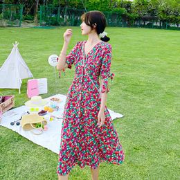 French V neck Floral Print Chiffon Dress Woman Elegant Mid Long Slim Fit Button Summer Dresses 210529