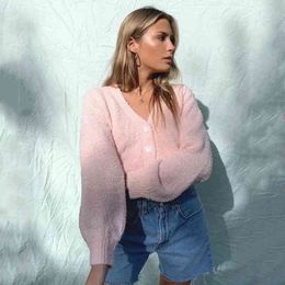 vintage fluffy cropped pink cardigans women long sleeve autumn winter button casual short cardigan knitted blue cardigan 210415