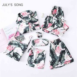 JULY'S SONG 7 Pieces Woman Pyjamas Sets Satin Silk Star Moon Pattern Pyjama Sexy Sling Shorts Long Pants Sleepwear Lounge 210809