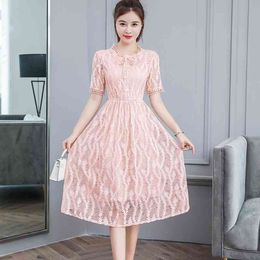 High quality Fashion Summer bowknot collar Beige pink Dress Women's Short Sleeve Elegant Hollow Lace Dress vestidos 210514