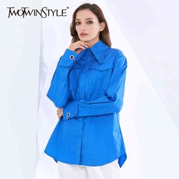 TWITWINSTYLE Blue Casual Shirt For Women Lapel Long Sleeve Solid Minimalist Blouse Female Autumn Fashion Clothing 210524