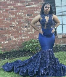 Navy Blue African Plus Size Lace Mermaid Evening Dresses with Appliques Court Train Satin Special Occasion Prom Gowns