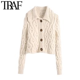 TRAF Women Fashion Pompoms Cropped Knitted Cardigan Sweater Vintage Long Sleeve Button-up Female Outerwear Chic Tos 210415