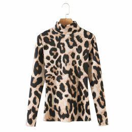 Spring Women Leopard Print Knitting Backless T Shirt Casual Female Turtleneck Long Sleeve Slim Tops T1392 210430