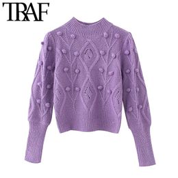 TRAF Women Fashion With Ball Cropped Knitted Sweater Vintage O Neck Long Sleeve Female Pullovers Chic Tops 210415