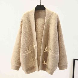 H.SA Women Sweater and Cardigans Knit Coat V neck Horn buckle Oversized knitted Jumper cashmere cardigan 210417