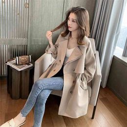 Women Trench Coat Autumn Lapel Double Breasted Drawstring Light Weight Casual Mid Long Ladies Windbreak Coats Plus Size 210812