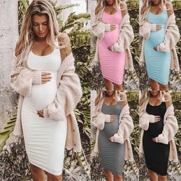 Maternity Wear Soft and Comfortable Cotton Sleeveless Round Neck Dress Popular Solid Colour Waist Long Skirt 2021 Summer Q0713