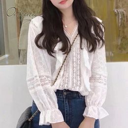 Summer Ruffle Women White Lace Blouse Hollow Out Holiday Lady Wear Beach Shirt Vintage Tops 210415