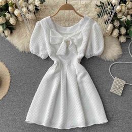 Korean Sweet Bow Hollow Short Sleeve Slim Mini A-line Summer Dress Women Casual Elegant White Black Vestidos 210514