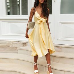 Bownot Front Women Summer Bohemian Beach Dress Famale Casual Yellow Maxi Long Sundress Vestidos Mujer 210427