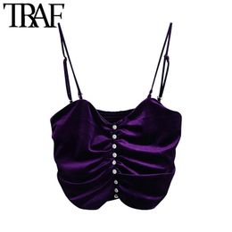 TRAF Women Sexy Fashion Pleated Velvet Cropped Tank Tops Vintage Back Elastic Removable Straps Female Camis Mujer 210415