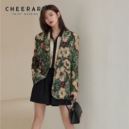 Vintage Floral Print Blazer Women Designer Jacket Suit Colourful Green Jackets Coat Outerwear Fall Fashion 210427