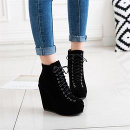 Boots Platform Women s Ankle Shoes Autumn Winter Wedge Heels Lace Up Short Nude Red Black Suede for