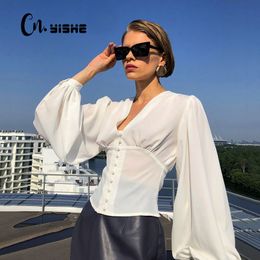 CNYISHE Fashion Sexy Korean Style T-shirts Tee Women Tops Deep V-neck Lantern Sleeve Shirts Female Casual Streetwear Top 210419