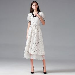 LLZACOOSH Fashion Summer Women V-neck Dress Luxury white Dot Lace Patchwork Hight waist Vintage Slim A-line Dress 210514