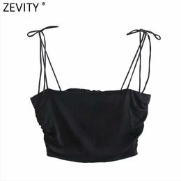 Zevity Women Spaghetti Strap Black White Color Chic Camis Tank Ladies Summer Back Elastic Pleated Short Sling Crop Tops LS9070 210616