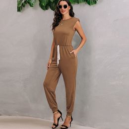 Sexy Shoulder Pads Sleeveless Elastic Waist Lace Up Jumpsuit Women Summer Women Solid Casual Pocket Long Rompers Female Playsuit 210412