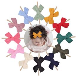 60pc/lot 2021 Cute Solid Cotton Bow Headbands ,3.4inch Girls Hair Bow with Nylon Headband hairpins,Kids Soft Nylon Turban Baby