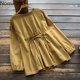 Nomikuma Women Blouses Korean Pleated Lace Up Sweet Pullover Tops Spring Causal Long Sleeve O-neck Solid Blusas Shirt 6F759 210427