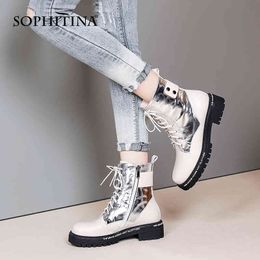 SOPHITINA Women Boots Vogue High Quality Genuine Leather Ankle Boots Square Thick Heel Zipper Patchwork Colour Women Shoes SO687 210513