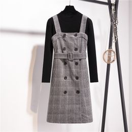 Women Two Pieces Set Overalls Dress Winter Vintage Wool Plaid Suspenders Double-Breasted Sashes Dresses + Black Sweater Top 210416