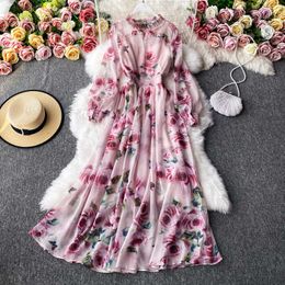 Autumn Pink Floral Long Dress For Women Bohemian Vacation Beach Dresses Female Stand Collar Puff Long Sleeve Print Dress 2020 Y0603