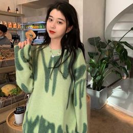 Print Knitted Sweater Women Elegant Green Striped Oversized Pullovers Women Winter Loose Long Sweaters Streetwear Sueter Mujer Y0825