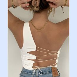 Women Sexy Hollow Out Bandage Tank Top Solid Soft Knitted Fabric Summer 2020 Female Vest Crop Tops Basic Slim Girl club camis X0507