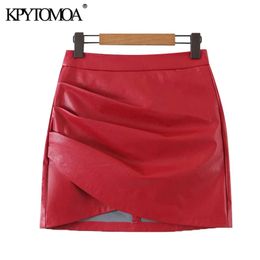Women Chic Fashion Faux Leather Pleated Asymmetrical Mini Skirt High Waist Back Zipper Female Skirts Mujer 210420