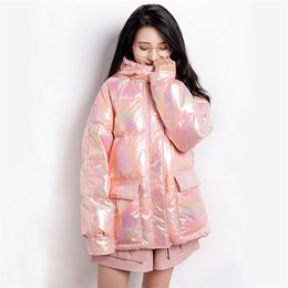 Winter Bright Hooded Short Jacket Women 90% White Duck Down Coat Loose Thick Pink Parkers Windbreak Warm Snow Outwear 210430