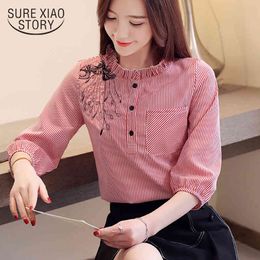 Lantern Sleeve Chiffon Women Blouses Embroidered Striped Shirts 3/4 Sleeves Pocket Button Womens Clothing 8148 50 210417