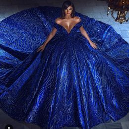 Royal Blue Ball Gown Sequined Evening Dresses Off the Shoulder Deep V Neckline Vintage Prom Gowns High Quality Satin Party Dress