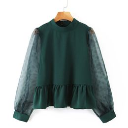 Vintage Green Patchwork Blouses Women Fashion Casual O Neck Tops Elegant Ladies Perspective Organza Long Sleeve Shirts Blusas 210520