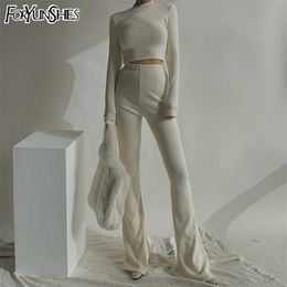 FORYUNSHES 2 Piece Sets Outfits Tracksuits Sweat Suits Knitted Basic Crop Top High Waisted Casual Flare Pants Set 210930