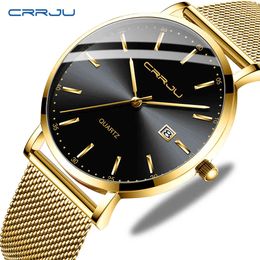 CRRJU Classic Business Men Watch Fashion Simple Ultra thin Waterproof Steel Date Display Quartz Wristwatch relogio feminino 210517